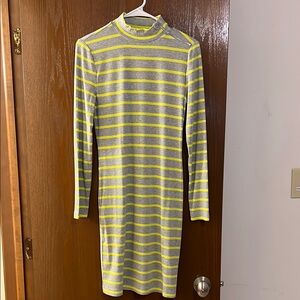 Pale Yellow and Gray Long Sleeve Sheath Dress with Mock Neck and Cuffed Sleeves